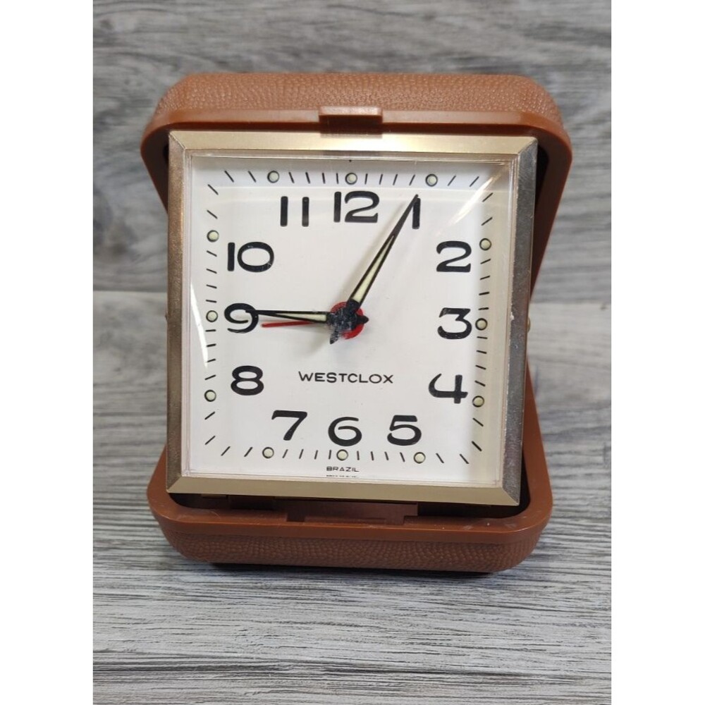 Working VTG Westclox Travel Alarm Clock Wind Up Brown Folding Case Mid-Century